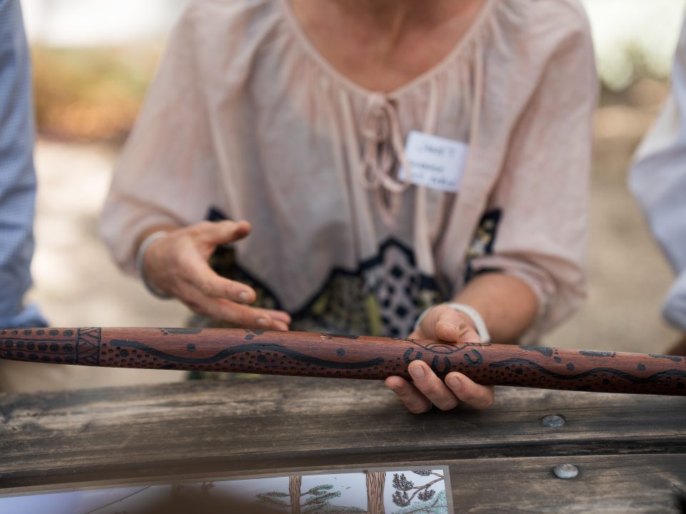 A person in a light blouse holds a decorated wooden object with carved patterns, possibly a musical instrument or cultural artefact, whilst gesturing with their other hand over a wooden table.