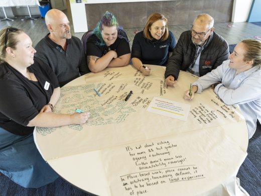 Six adults sit round a round table, collaborating and writing notes on large sheets of paper. They appear engaged in discussion, smiling and sharing ideas in a bright, casual indoor setting.